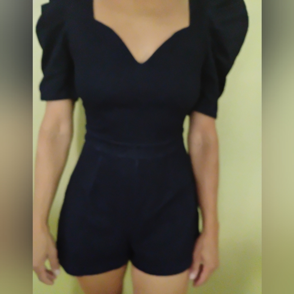 Valentine Navy Puff Sleeve Romper
